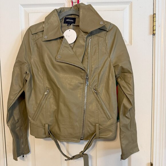 Zenana Olive Green Faux Leather Moto Jacket – Size Large, NWT - Picture 1 of 4
